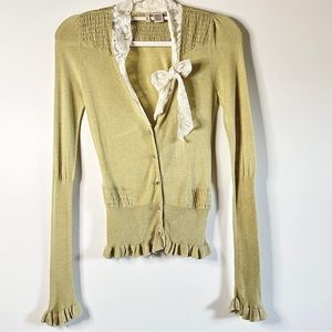Anthropologie Green Cardigan with Lace Detail